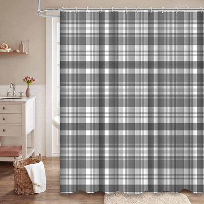 Plaid Black Buffalo Check Checkered White Shower Curtain with 12 Hooks