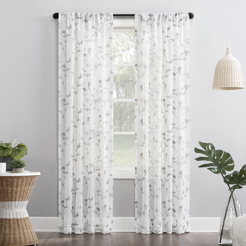 Joaquim Floral Embroidery Sheer Rod Pocket Single Curtain Panel, White, 50" W x 84" L