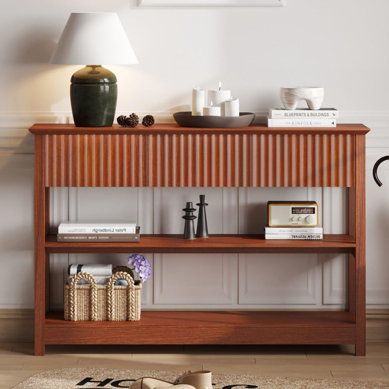 Console 47 po en MDF cannelé avec deux tiroirs et tablette de présentation, entrée / canapé élégant