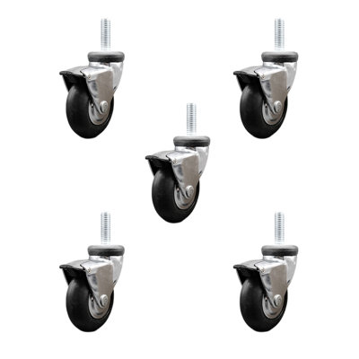 3 Inch Hooded Neoprene Rubber ½ Inch Threaded Stem Casters with Brakes Set 5 SCC