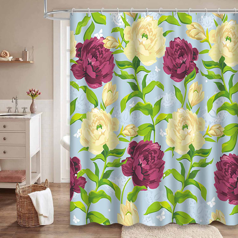 Rideau de douche imperméable avec motif de pivoines et 12 crochets, L 72 po x l 72 po