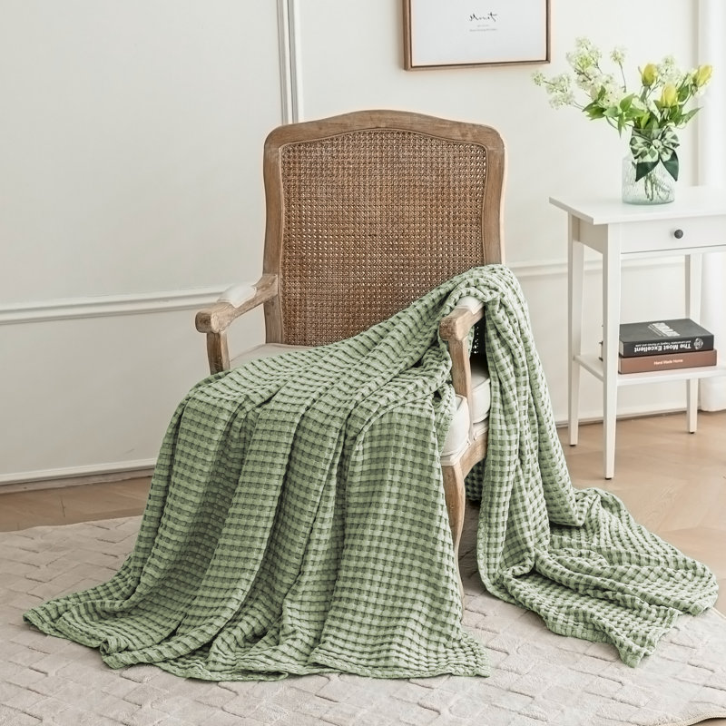 Jeté doux et léger en coton et viscose de bambou tissé gaufré toutes saisons, Sauge, Jeté