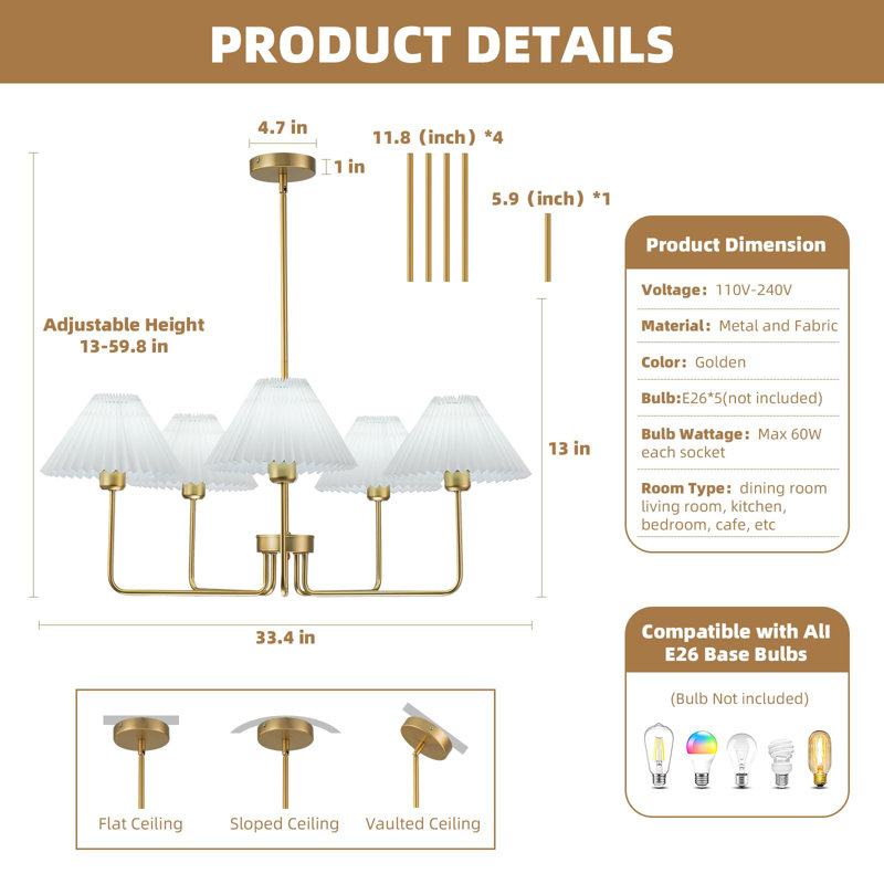 5-LIght Gold Chandelier, Modern Chandelier For Dining Room  With White Fabric Shade, Rose Gold