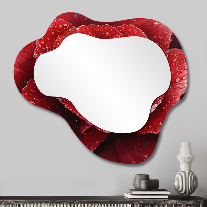 Raindrop Red Peony In Winter I - Poppies Asymmetrical Wall Mirror, Traditional Vanity Mirror, Printed on Metal, 25" x 28"