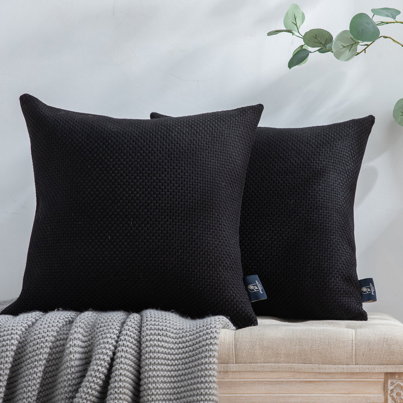 Black Woven Textured Checker Plaid Throw Pillow Set, 18" x 18"