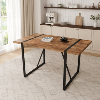 55 " modern rural industrial rectangular MDF dining table, suitable for 4-6 people, equipped with black rectangular metal legs, used for home & kitchen