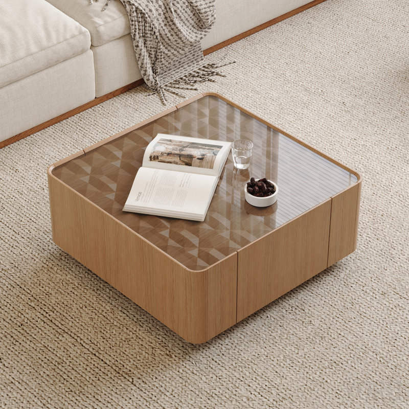 Table basse de 31,5 pouces carrée avec tiroirs de rangement, table basse moderne en bois avec plateau en verre, tables de centre de table de thé pour le salon - noyer