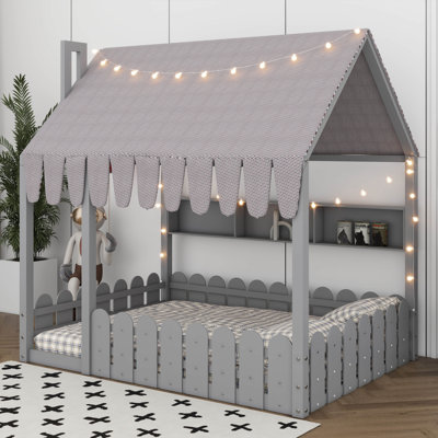 Lit double pleine grandeur avec garde-corps, tente et lumières, cadre de lit en bois avec 3 tablettes de rangement