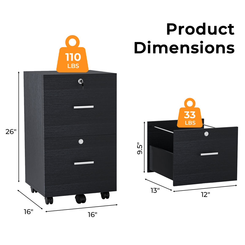 Kayeson 15.7'' Wide 2 -Drawer Mobile File Cabinet, Black