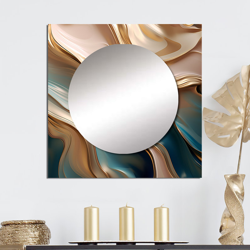 Miroir mural de salon Tender Wave Harmony or liquide et turquoise I - Formes abstraites, 29 po x 29 po