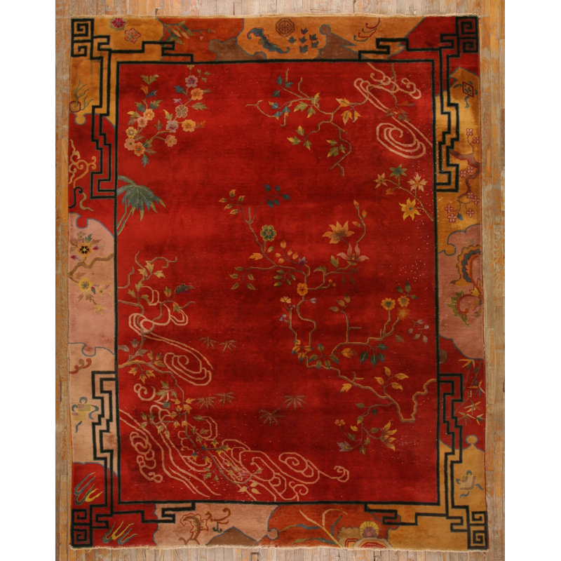Tapis orange / rouge / rouille en laine taille antique Art Deco