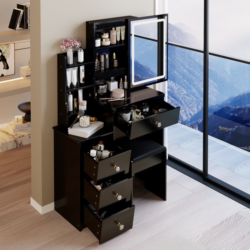 Small Size Bedside Vanity Table with LED Mirror, Black