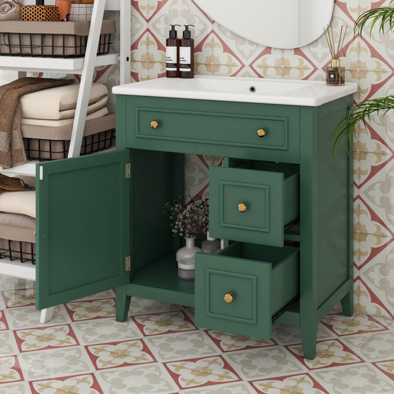 Meuble-lavabo moderne de 30 po avec comptoir, cadre en bois massif, porte et 2 tiroirs, armoire de rangement moderne pour la salle de bain