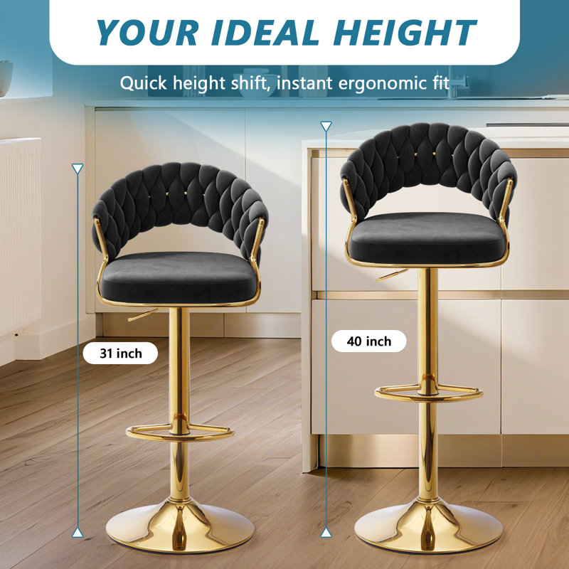 Ensemble de 2 tabourets de bar pivotants en velours, or moderne avec dossier tissé, Noir, 2