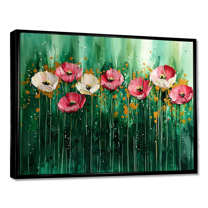 «Emerald Dance Of The Poppies II» - Art mural sur toile coquelicots, 30" H x 40" W, Cadre flottant noir