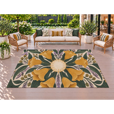 Tapis d'extérieur 5 pi x 7 pi à motif floral en médaillon à motif de campanules en PVC imperméable à l'eau, tapis de patio robuste, tapis d'extérieur à séchage rapide pour le camping.