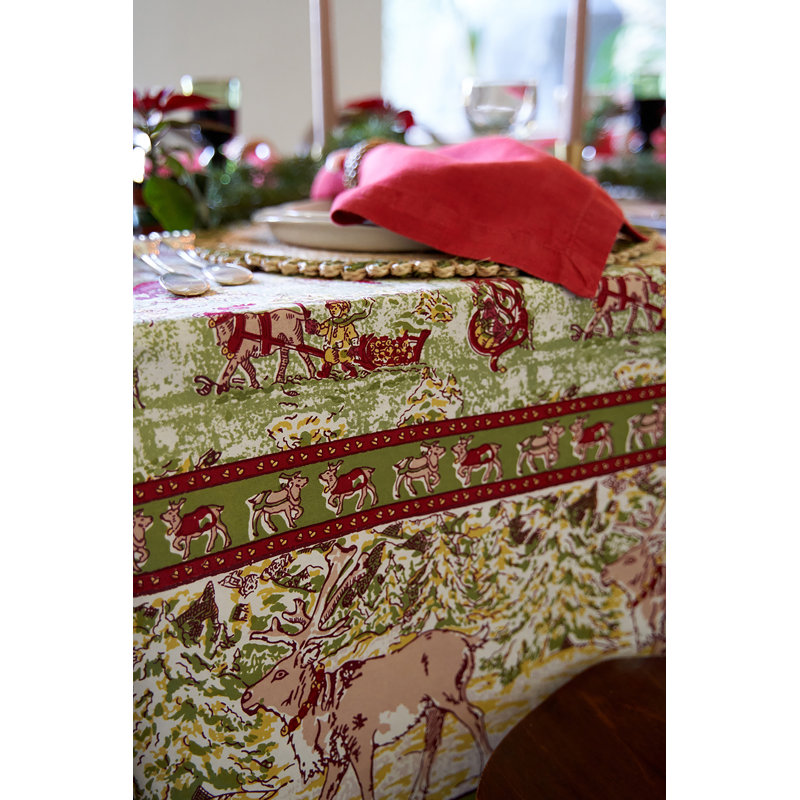 Renne Handmade Floral Tablecloth, 142" x 71", Green/Red