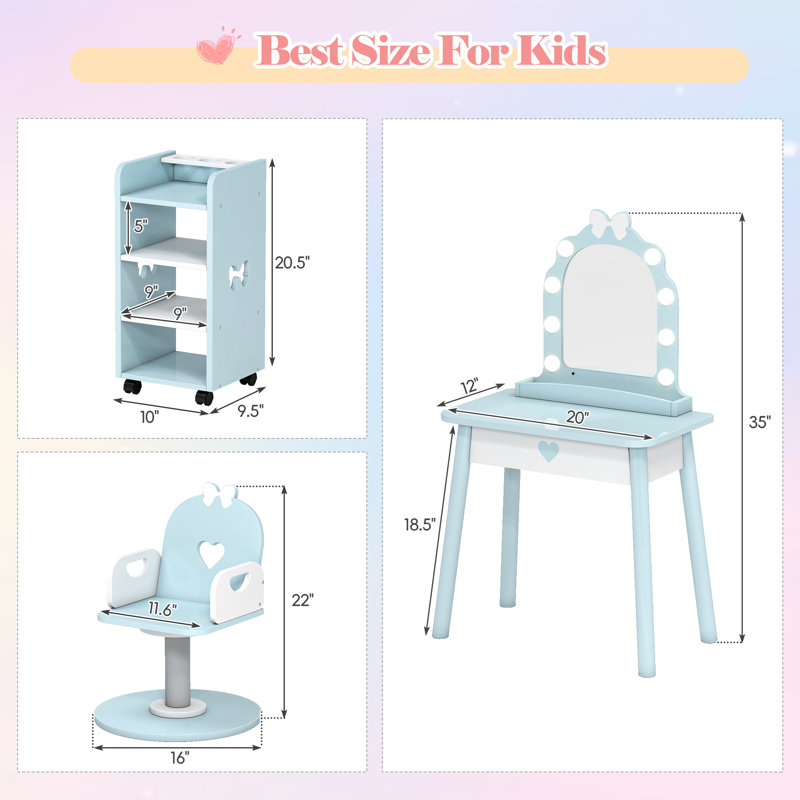 Ensemble de coiffeuse pour enfants avec tablette de rangement et ensemble de jeu pour salon de coiffure, Blue