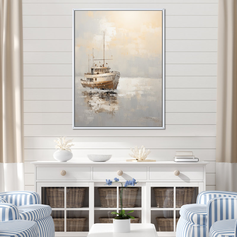 Minimalisme, pêche en bateau, horizon sur toile, Cadre flottant blanc, H 44 po x l 34 po x P 1,5 po