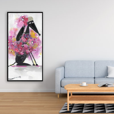Dessin de chien avec fleurs roses - art sur toile encadré mauve