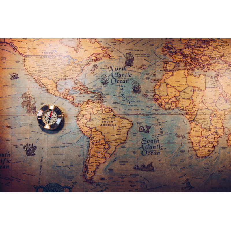 World Map With Compass by DaLiu - Wrapped Canvas Print, 51cm H x 76cm W