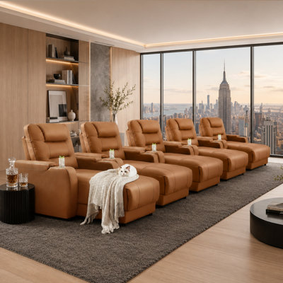 Fauteuil inclinable électrique surdimensionné avec charge sans fil et porte-gobelet, sièges de cinéma maison en similicuir (brun, ensemble de 5)