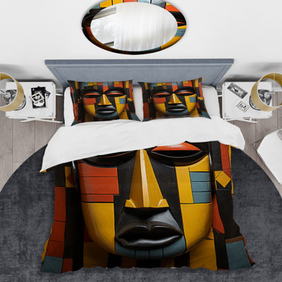 Ensemble d'édredon géographie 4 pièces - Masque tribal africain Kente II avec taies décoratives et coussins décoratifs