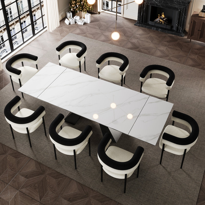 Doinita Rectangular Dining Set with Upholstered Chairs, Snowy Mountain White, 9 Pieces: Table, 8 Chairs