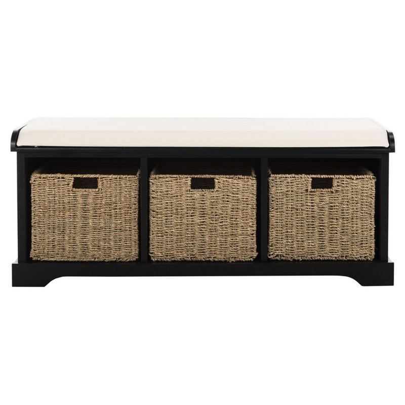 Aniella Faux Leather Upholstered Modern Storage Bench, Pine Wood Woven 3 Baskets for Mudroom and Entryway, Black