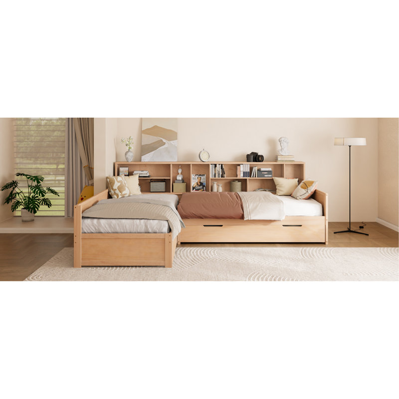 Lit de jour simple en L en forme de L avec lit gigogne sous le lit et tiroir de rangement, cadre de lit d'angle polyvalent avec bibliothèques pour 3