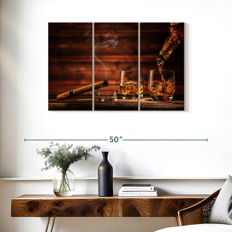 Excellent whisky - 3 pièces sur toile tendue, H 24 po x l 38 po x P 1,25 po