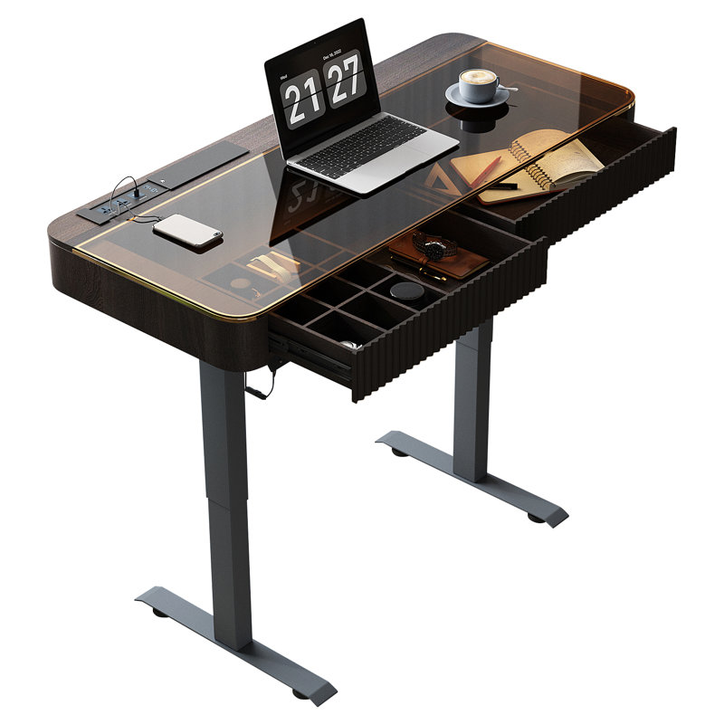 Standing desk with built-in outlet, glass top, Black, 29.5" H x 50" W x 23" D