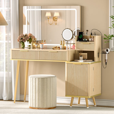  Vanity Desk With Mirror And Lights, Fluted Glass Top Makeup Vanity With 1x/5x Magnification And Charging Station /adjustable Shelves For Women/ Girls ,natural Oak