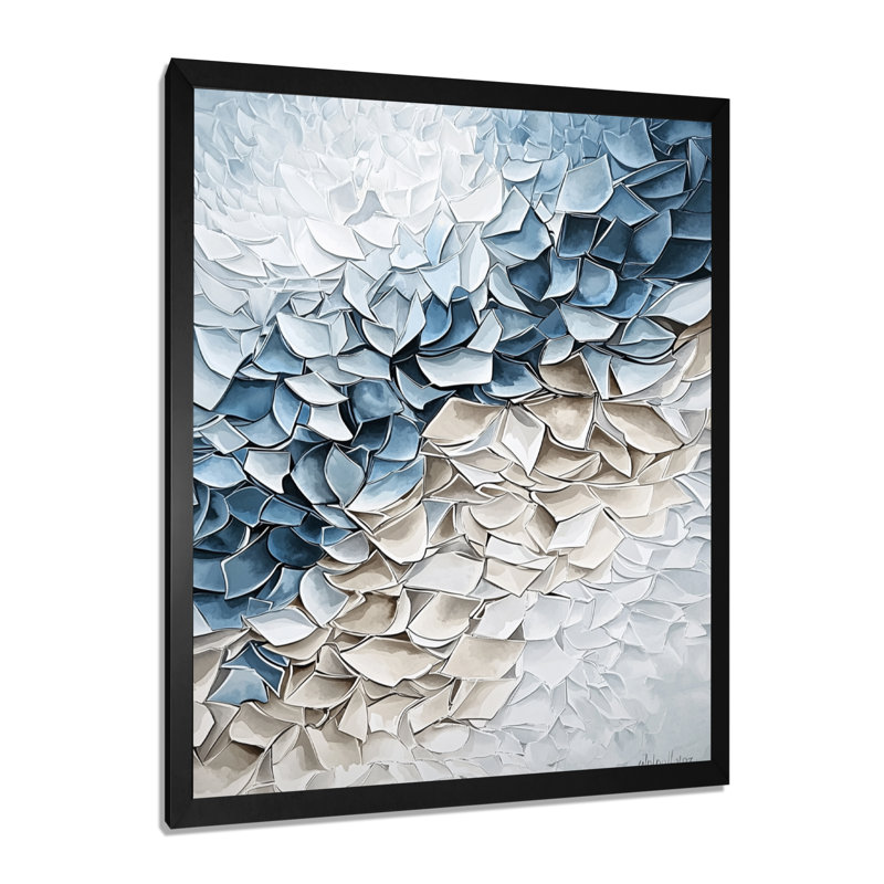 Blue And White Flower Petals River - Abstract Cubism Wall Art Print, Picture Framed Print, Black, 20" H x 12" W