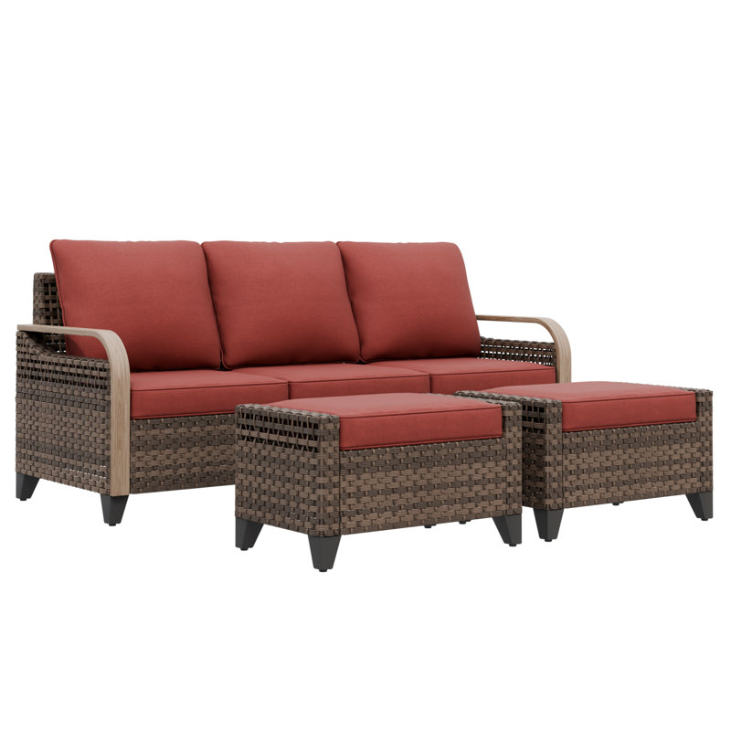 Outdoor Wicker Rattan Patio Sofa with Cushions and Ottomans, Red