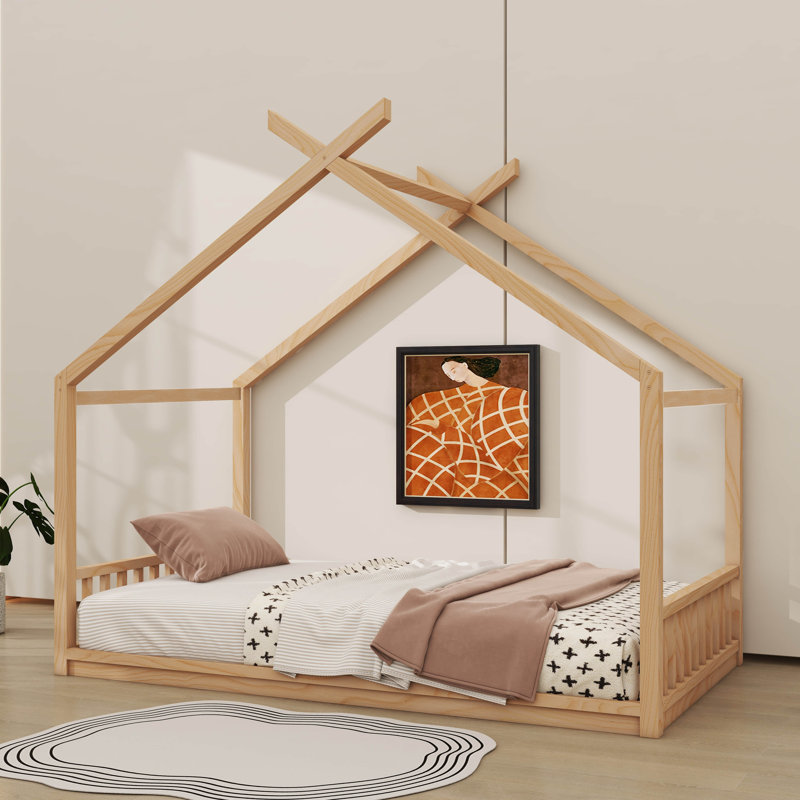 Lit de maison d'inspiration Montessori pour enfants, base de lit à profil bas avec tête et pied de lit, Naturel