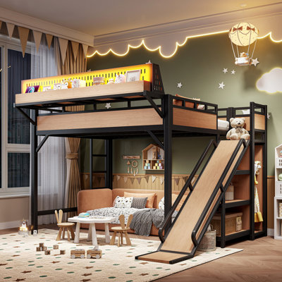 Queen Size Loft Bed with Slide, Metal Loft Bed Frame with Storage Shelves, Wardrobe, USB Ports, LED Lights, Pegboard Safety Solid, Natural