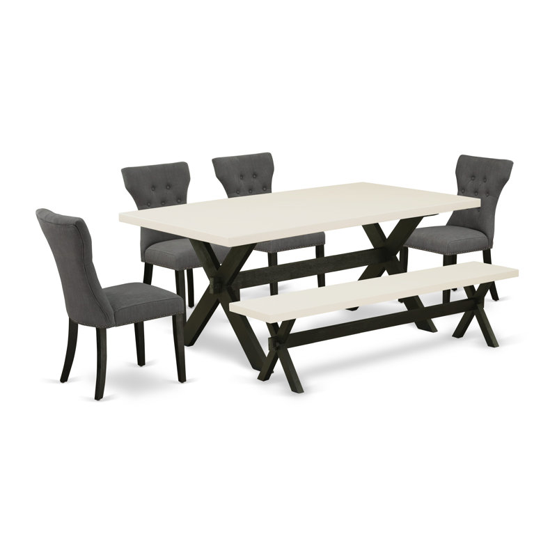 L'ensemble de table de salle à manger 6 pièces contient une table de cuisine rectangulaire avec pieds en X et 4 chaises Parson en tissu de lin Gotham foncé avec un banc, noir brossé