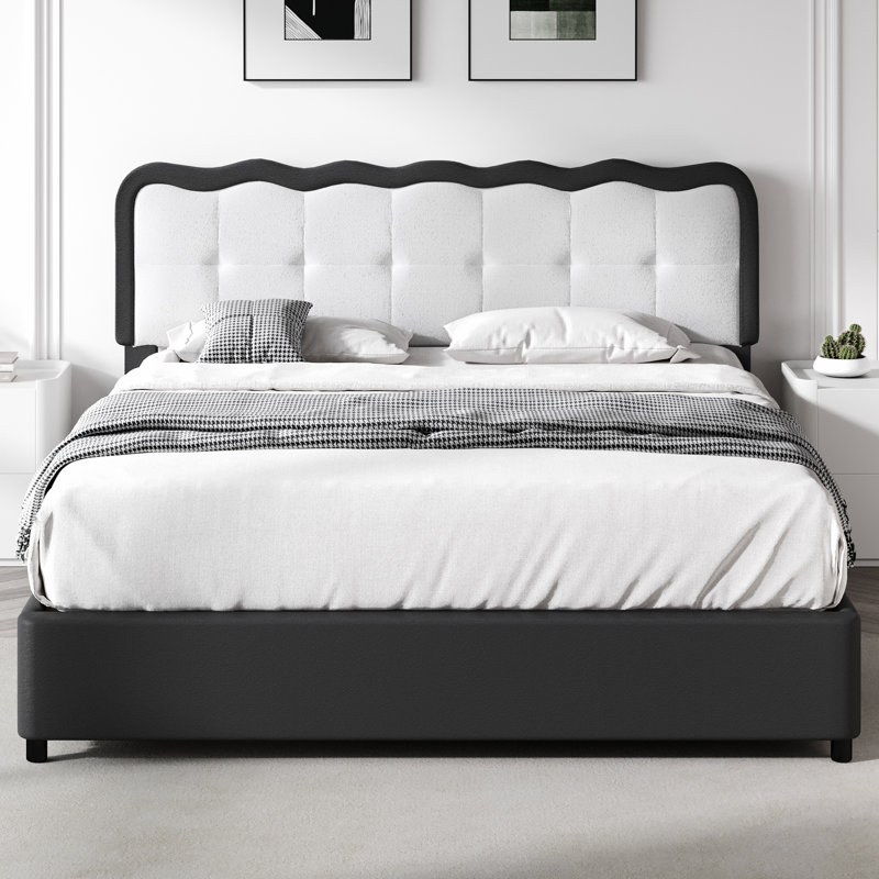 Upholstered Bed Frame with Cloud Shaped Headboard, PU Leather Bed Frame with Adjustable Headboard, Black, Full
