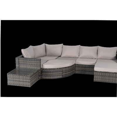 Ensemble de canapé d'extérieur 8 pièces, ensemble de conversation modulaire en forme de L en osier avec repose-pieds courbé et table en verre pour la piscine