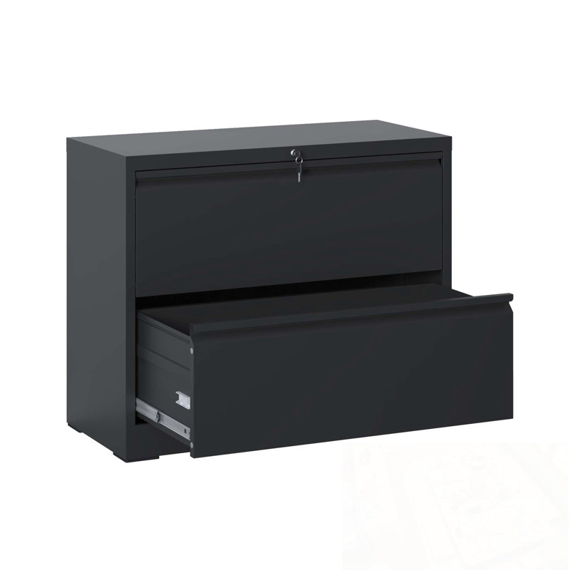 Wide Metal File Cabinet with 2 Drawers and Lock, Black