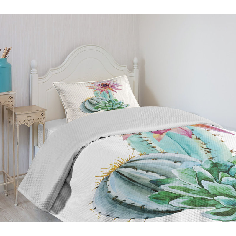 White Quilted Twin Bedspread Set with Cactus Print