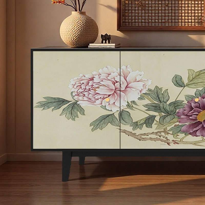 Buffet classique en bois massif à motif de pivoines, Noir