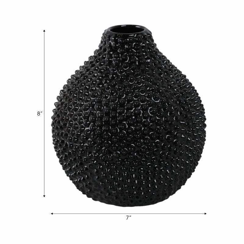 Dugg Textured Ceramic Glam Decorative Vase, Modern Accent for Stylish Display, Black, 8" H x 7.25" W x 7.25" D