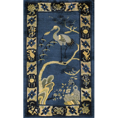 Antique Floral Chinese Crane Design Wool Hand Knotted Scatter Rug