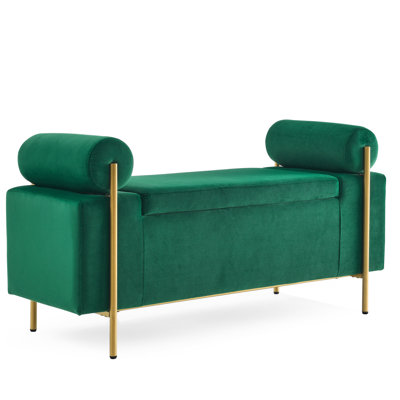 Elegant Upholstered Linen Storage Bench With Cylindrical Arms & Wooden Frame - For Bedroom, Hallway, Living Room Iron Legs