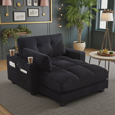 Convertible Corduroy Chaise Lounge Sofa Bed with USB Port, Storage by Mercer41