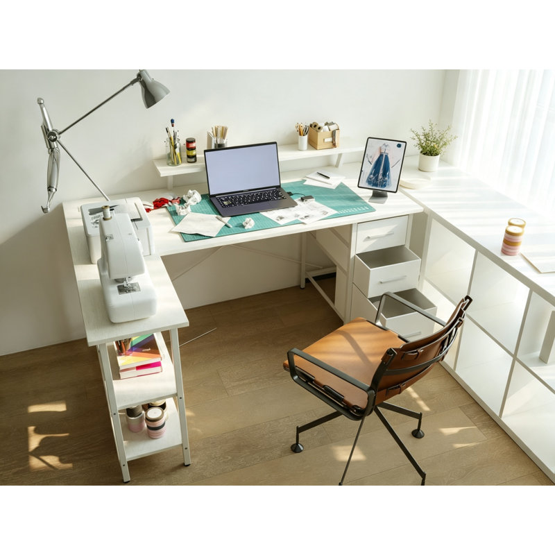 120 x 80 cm Corner Computer Desk with Drawers, Reversible L-Shaped Home Office Desk with Power Outlet, Monitor Stand & PC Stand, Gaming Workstation, White