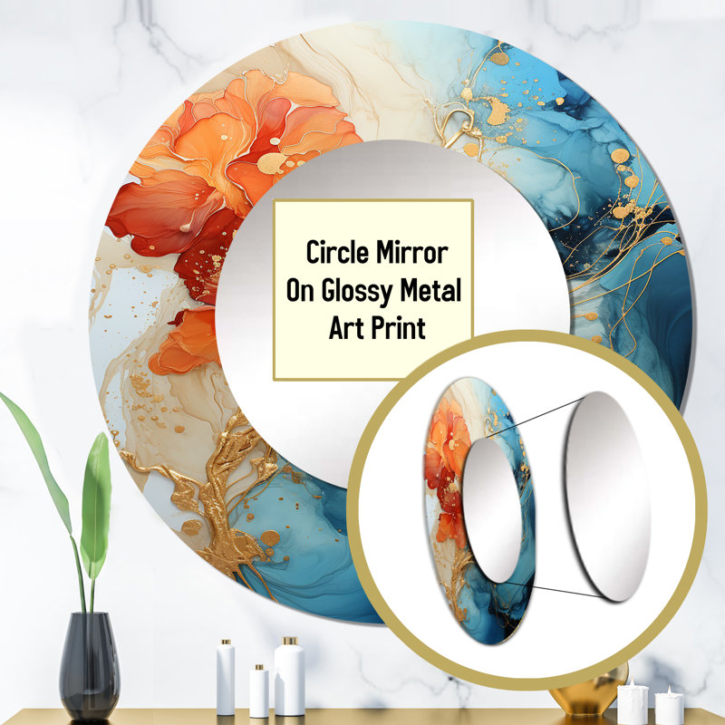 Sereby Orange Teal Abstract Fractal - Fractals Wall Mirror, Orange Round Decorative Mirror, Printed Metal Art, 23" x 23"