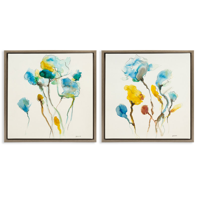 Aquarelle bleu sarcelle et fleurs jaunes, ensemble de 2 toiles flottantes encadrées par Patti Mann, H 18 po x l 18 po